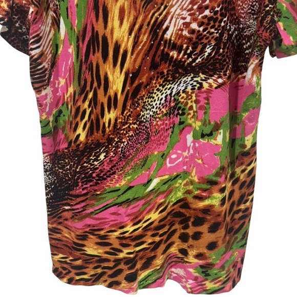 Quacker Factory Leopard and Floral Print Rhinestone V-Neck Blouse Size S - Picture 4 of 10